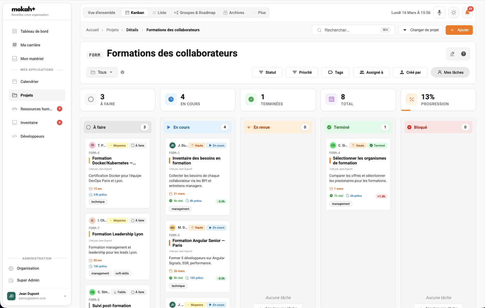 Vue kanban d'un projet dans mokah+ avec tâches, priorités et avancement